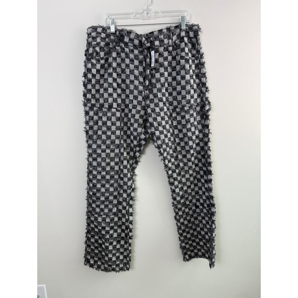 BoohooMAN Slim Flare Pants Mens 38 Charcoal Checkered Frayed Tapestry Tall NEW